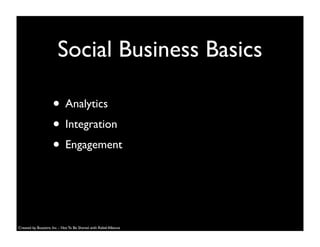 Social Business Basics
• Analytics
• Integration
• Engagement
Created by Buzzient, Inc. - Not To Be Shared with Rebel Alliance
 