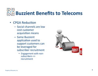 Buzzient	
  Beneﬁts	
  to	
  Telecoms	
  
•  CPGA	
  Reduc>on	
  
–  Social	
  channels	
  are	
  low	
  
cost	
  customer	
  
acquisi>on	
  means	
  
–  Same	
  Buzzient	
  
applica>on	
  used	
  to	
  
support	
  customers	
  can	
  
be	
  leveraged	
  for	
  
subscriber	
  recruitment	
  
•  Engagement	
  with	
  non-­‐
subscribers	
  =>	
  
recruitment	
  

Property	
  of	
  Buzzient,	
  Inc.	
  

9	
  

 