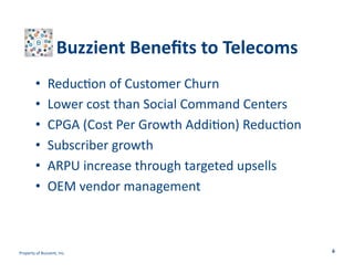Buzzient	
  Beneﬁts	
  to	
  Telecoms	
  
• 
• 
• 
• 
• 
• 

Reduc>on	
  of	
  Customer	
  Churn	
  
Lower	
  cost	
  than	
  Social	
  Command	
  Centers	
  
CPGA	
  (Cost	
  Per	
  Growth	
  Addi>on)	
  Reduc>on	
  
Subscriber	
  growth	
  
ARPU	
  increase	
  through	
  targeted	
  upsells	
  
OEM	
  vendor	
  management	
  

Property	
  of	
  Buzzient,	
  Inc.	
  

6	
  

 