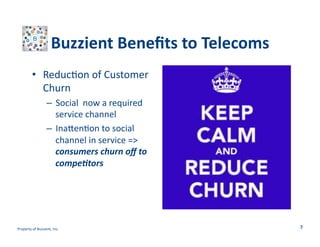 Buzzient	
  Beneﬁts	
  to	
  Telecoms	
  
•  Reduc>on	
  of	
  Customer	
  
Churn	
  
–  Social	
  	
  now	
  a	
  required	
  
service	
  channel	
  
–  Ina[en>on	
  to	
  social	
  
channel	
  in	
  service	
  =>	
  
consumers	
  churn	
  oﬀ	
  to	
  
compe.tors	
  

Property	
  of	
  Buzzient,	
  Inc.	
  

7	
  

 