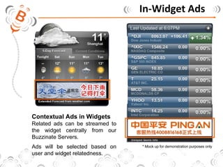 In-Widget Ads * Mock up for demonstration purposes only Contextual Ads in Widgets Related ads can be streamed to the widget centrally from our Buzzinate Servers. Ads will be selected based on user and widget relatedness.  