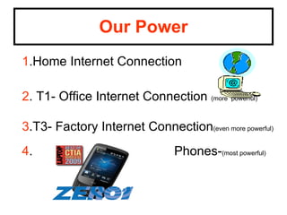 Our Power
1.Home Internet Connection

2. T1- Office Internet Connection (more powerful)

3.T3- Factory Internet Connection(even more powerful)
4.                              Phones-(most powerful)
 