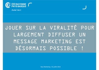 JOUER SUR LA VIRALITÉ POUR 
LARGEMENT DIFFUSER UN 
MESSAGE MARKETING EST 
DÉSORMAIS POSSIBLE ! 
Buzz Marketing - 01 juillet 2014 
 