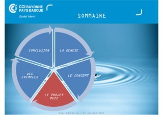 SOMMAIRE 
LA GENESE 
LE CONCEPT 
CONCLUSION 
LE PROJET 
Buzz Marketing - 01 juillet 2014 
BUZZ 
DES 
EXEMPLES 
 