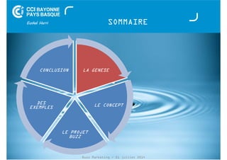 SOMMAIRE 
LA GENESE 
LE CONCEPT 
CONCLUSION 
LE PROJET 
Buzz Marketing - 01 juillet 2014 
BUZZ 
DES 
EXEMPLES 
 