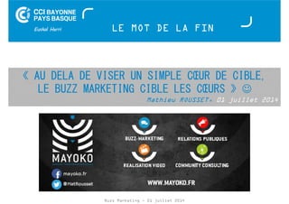 LE MOT DE LA FIN 
« AU DELA DE VISER UN SIMPLE COEUR DE CIBLE, 
LE BUZZ MARKETING CIBLE LES COEURS » ☺ 
Mathieu ROUSSET, 01 juillet 2014 
Buzz Marketing - 01 juillet 2014 
 
