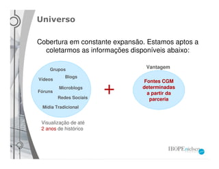 Universo

Cobertura em constante expansão. Estamos aptos a
  coletarmos as informações disponíveis abaixo:

    Grupos                      Vantagem
            Blogs


                         +
Vídeos                         Fontes CGM
         Microblogs            determinadas
Fóruns                          a partir da
         Redes Sociais           parceria
 Mídia Tradicional


 Visualização de até
 2 anos de histórico
 