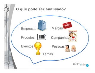 O que pode ser analisado?



                             N
                          BRA
  Empresas       Marcas   D


  Produtos       Campanhas

  Eventos        Pessoas

             Temas
 