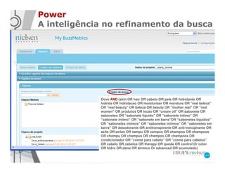 Power
A inteligência no refinamento da busca




             Dove AND (skin OR hair OR cabelo OR pele OR hidratante OR
             hidrata OR hidratacao OR moisturiser OR moisture OR "real beleza"
             OR "real beauty" OR beleza OR beauty OR "mulher real" OR "real
             women" OR produtos OR locao OR "cream oil" OR sabonete OR
             sabonetes OR "sabonete liquido" OR "sabonete íntimo" OR
             "sabonete intimo" OR "sabonete em barra"OR "sabonetes liquidos"
             OR "sabonetes íntimos" OR "sabonetes intimos" OR "sabonetes em
             barra" OR desodorante OR antitranspirante OR anti-transpirante OR
             axila OR axilas OR xampu OR xampus OR shampoo OR shampoos
             OR champu OR champus OR champoo OR champoos OR
             condicionador OR "creme para cabelo" OR "creme para cabelos"
             OR cabelo OR cabelos OR therapy OR queda OR control Or color
             OR hidro OR dano OR térmico Or advanced OR acumulado)
 