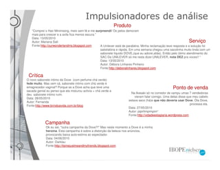Impulsionadores de análise
                                                                Produto
   “Comprei o Hair Minimising, meio sem fé e me surpreendi! Os pelos demoram
   mais para crescer e a axila fica menos escura.”
   Data: 13/05/2010
   Autor: Mariana Sati                                                                                           Serviço
   Fonte:http://ourwonderlandms.blogspot.com       A Unilever está de parabéns. Minha reclamação teve resposta e a solução foi
                                                   satisfatória e rápida. Em uma semana chegou uma sacolinha muito linda com um
                                                   sabonete líquido DOVE,(que eu adorei,aliás). Então pelo ótimo atendimento do
                                                   SAC Da UNILEVER só me resta dizer:UNILEVER, nota DEZ pra voces!! “
                                                   Data: 13/05/2010
                                                   Autor: Débora Linhares Pinheiro
                                                   Fonte:http://deboralinhares.blogspot.com

 Crítica
O novo sabonete intimo da Dove (com perfume chá verde)
fede muito. Mas vem cá, sabonete intimo com chá verde é
emagrecedor vaginal? Porque se a Dove acha que teve uma                                              Ponto de venda
sacada genial eu penso que ela misturou activia + chá verde e
                                                                        Na Ikesaki só no corredor de xampu umas 7 vendedoras
deu sabonete intimo ruim.
                                                                          vieram falar comigo. Uma delas disse que meu cabelo
Data: 28/05/2010
                                                                      estava seco (há)e que não deveria usar Dove. Óla Dove,
Autor: Fernanda
                                                                                                                  processa ela.
Fonte:http://www.brindoavida.com.br/blog
                                                                      Data: 27/05/2010
                                                                      Autor: pipirlimpimpim“
                                                                      Fonte:http://vidadeestagiaria.wordpress.com

             Campanha
             Ok eu sei, "outra campanha da Dove?!" Mas neste momento a Dove é a minha
             heroína. Esta campanha é sobre a distorção da beleza nos anúncios,
             provocando baixa auto-estima ao espectador.
             Data: 04/06/2010
             Autor: Darklau
             Fonte:http://itsmejustmeandmyfriends.blogspot.com
 
