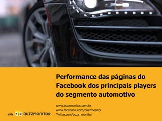 Performance das páginas do
Facebook dos principais players
do segmento automotivo
www.buzzmonitor.com.br
www.facebook.com/buzzmonitor
Twitter.com/buzz_monitor
 