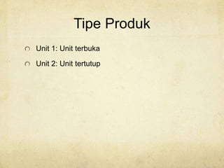 Tipe Produk
Unit 1: Unit terbuka
Unit 2: Unit tertutup
 