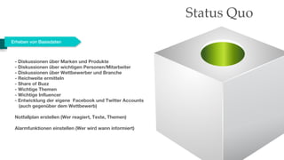 Status Quo
Erheben von Basisdaten



 - Diskussionen über Marken und Produkte
 - Diskussionen über wichtigen Personen/Mitarbeiter
 - Diskussionen über Wettbewerber und Branche
 - Reichweite ermitteln
 - Share of Buzz
 - Wichtige Themen
 - Wichtige Influencer
 - Entwicklung der eigene Facebook und Twitter Accounts
   (auch gegenüber dem Wettbewerb)

 Notfallplan erstellen (Wer reagiert, Texte, Themen)

 Alarmfunktionen einstellen (Wer wird wann informiert)
 