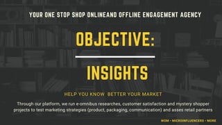 YOUR ONE STOP SHOP ONLINEAND OFFLINE ENGAGEMENT AGENCY
HELP YOU KNOW BETTER YOUR MARKET
Through our platform, we run e-omnibus researches, customer satisfaction and mystery shopper
projects to test marketing strategies (product, packaging, communication) and asses retail partners
OBJECTIVE:
INSIGHTS
WOM • MICROINFLUENCERS • MORE
 