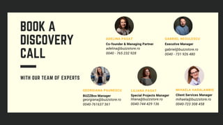 BOOK A
DISCOVERY
CALL
WITH OUR TEAM OF EXPERTS
GEORGIANA PAUNESCU
BUZZBox Manager
GABRIEL NEGULESCU
Executive Manager
MIHAELA HARALAMBIE
Client Services Manager
gabriel@buzzstore.ro
0040 - 731 926 480
mihaela@buzzstore.ro
0040-723 308 458
georgiana@buzzstore.ro
0040-761637 361
LILIANA PASAT
Special Projects Manager
liliana@buzzstore.ro
0040-744 429 136
ADELINA PASAT
Co-founder & Managing Partner
adelina@buzzstore.ro
0040 - 765 232 928
 
