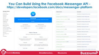 You Can Build Using the Facebook Messenger API -
https://developers.facebook.com/docs/messenger-platform
@mobilemonkey_ @buzzsumo
 