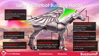 #CMCa2z #learningWithI
7. Q&A
Automatically Answering
Common Business
Questions
6. Contact Hack
Get User Information for
All Your Bot Users
5. Chat Blasting
Email Marketing on Steroids
3. Contact Manager
Get everyone’s name,
location, photo,
language, etc.
2. Facebook Ads
Convert Ads at 3-5x Higher
Conversion Rates
1. Live Operator Takeover
Jump in on a conversation
at any time!
Larry’s Chatbot Building Hacks
4. Website Plugins
Checkbox Plugin, Website
Popup, Link Plugins, Etc.
@mobilemonkey_ @buzzsumo
 
