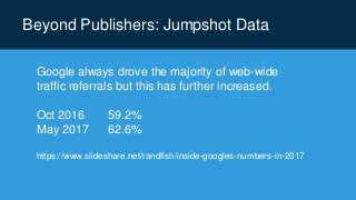 Beyond Publishers: Jumpshot Data
Google always drove the majority of web-wide
traffic referrals but this has further increased.
Oct 2016 59.2%
May 2017 62.6%
https://www.slideshare.net/randfish/inside-googles-numbers-in-2017
 