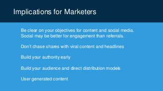 Implications for Marketers
You need a promotion strategy
Focus on high quality content to gain shares and links
Less maybe...