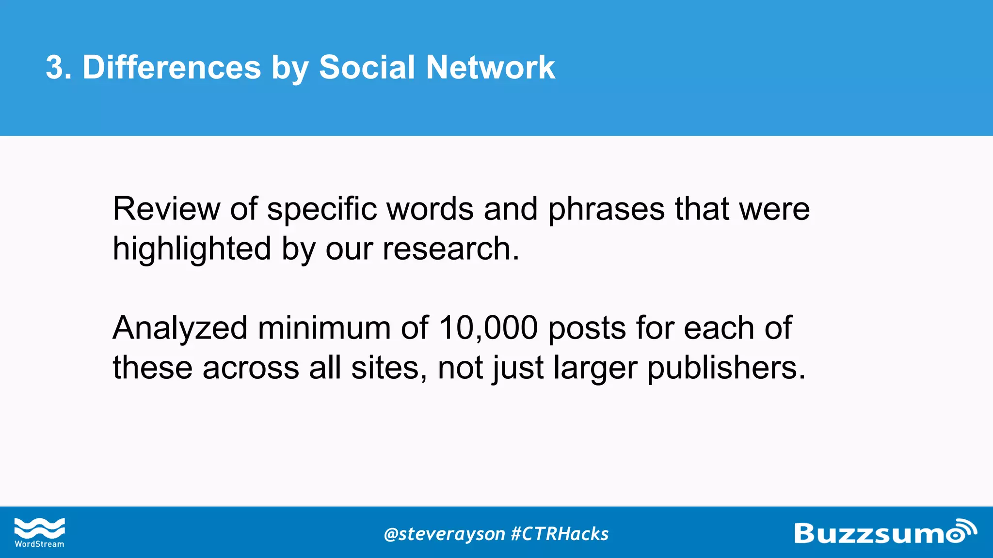 Entertain Warning Helpful
Review of specific words and phrases that were
highlighted by our research.
Analyzed minimum of 10,000 posts for each of
these across all sites, not just larger publishers.
3. Differences by Social Network
@steverayson #CTRHacks
 