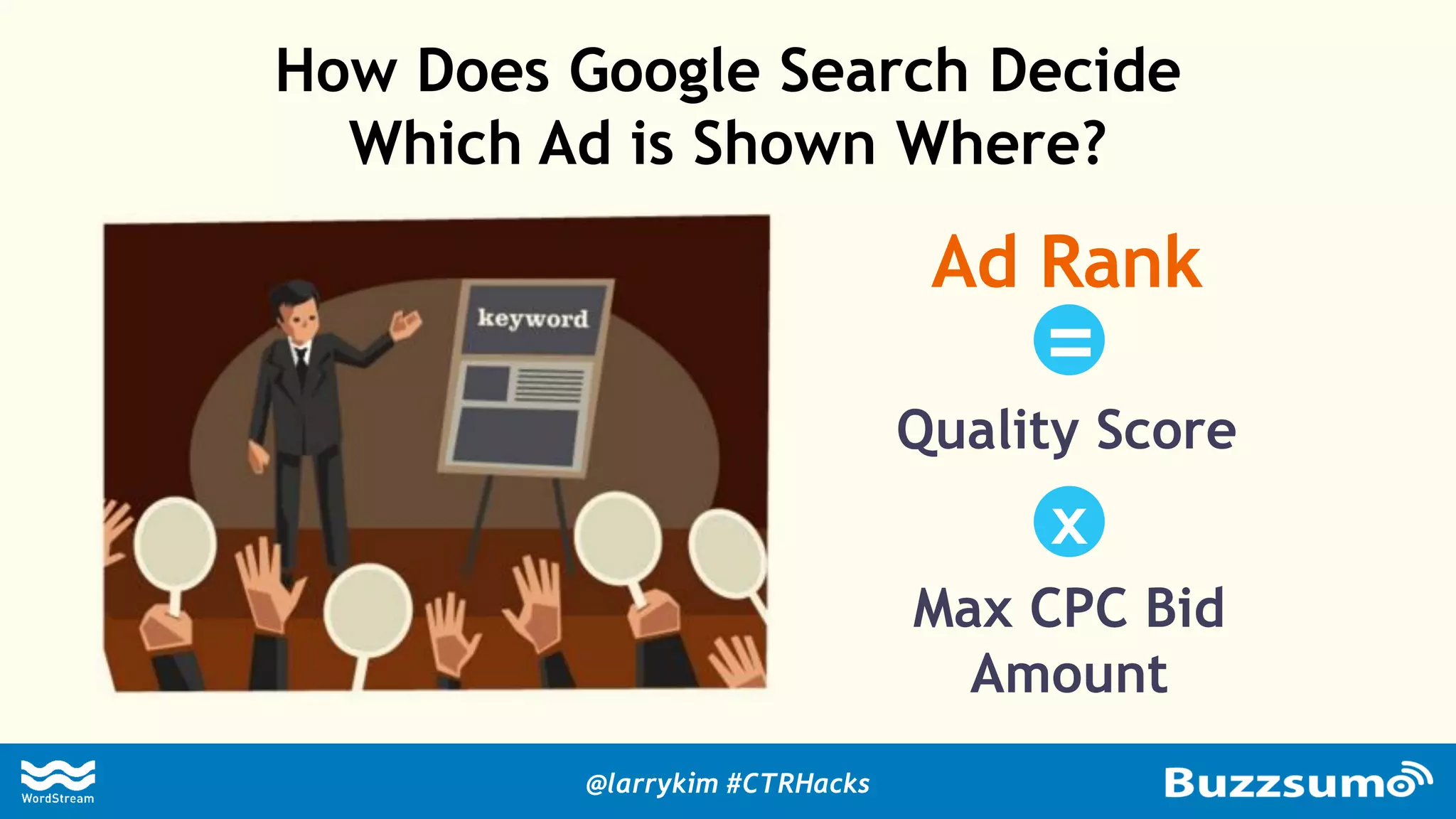 How Does Google Search Decide
Which Ad is Shown Where?
Ad Rank
Quality Score
Max CPC Bid
Amount
x
=
@larrykim #CTRHacks
 