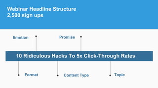 Webinar Headline Structure
2,500 sign ups
Emotion
Topic
10 Ridiculous Hacks To 5x Click-Through Rates
Promise
Format Content Type
 