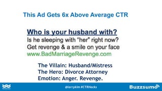 This Ad Gets 6x Above Average CTR
The Villain: Husband/Mistress
The Hero: Divorce Attorney
Emotion: Anger. Revenge.
@larrykim #CTRHacks
 
