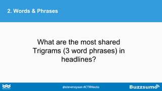 Entertain Warning Helpful
What are the most shared
Trigrams (3 word phrases) in
headlines?
2. Words & Phrases
@steverayson #CTRHacks
 