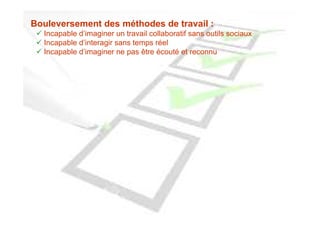 Bouleversement des méthodes de travail :
  Incapable d’imaginer un travail collaboratif sans outils sociaux
  Incapable d’interagir sans temps réel
  Incapable d’imaginer ne pas être écouté et reconnu
 