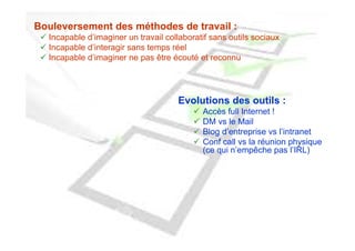 Bouleversement des méthodes de travail :
  Incapable d’imaginer un travail collaboratif sans outils sociaux
  Incapable d’interagir sans temps réel
  Incapable d’imaginer ne pas être écouté et reconnu




                                     Evolutions des outils :
                                            Accès full Internet !
                                            DM vs le Mail
                                            Blog d’entreprise vs l’intranet
                                            Conf call vs la réunion physique
                                            (ce qui n’empêche pas l’IRL)
 