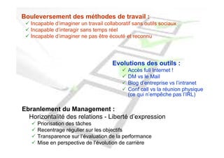 Bouleversement des méthodes de travail :
   Incapable d’imaginer un travail collaboratif sans outils sociaux
   Incapable d’interagir sans temps réel
   Incapable d’imaginer ne pas être écouté et reconnu




                                      Evolutions des outils :
                                             Accès full Internet !
                                             DM vs le Mail
                                             Blog d’entreprise vs l’intranet
                                             Conf call vs la réunion physique
                                             (ce qui n’empêche pas l’IRL)

Ebranlement du Management :
  Horizontalité des relations - Liberté d’expression
     Priorisation des tâches
     Recentrage régulier sur les objectifs
     Transparence sur l’évaluation de la performance
     Mise en perspective de l’évolution de carrière
 