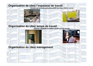 Organisation de (des) l’espace(s) de travail
                 Donner de la bande passante plutôt que des mètres carrés




Organisation du (des) temps de travail
                     Donner l’objectif et le délai, plutôt qu’une montre




Organisation du (des) management
 