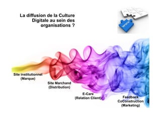 La diffusion de la Culture
          Digitale au sein des
              organisations ?




Site institutionnel
     (Marque)
                      Site Marchand
                      (Distribution)
                                            E-Care
                                       (Relation Client)      Feedback
                                                           CoConstruction
                                                             (Marketing)
 