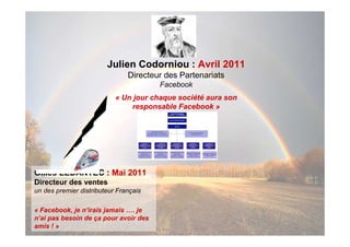 Julien Codorniou : Avril 2011
                               Directeur des Partenariats
                                       Facebook
                           « Un jour chaque société aura son
                                responsable Facebook »




Gilles LEDANTEC : Mai 2011
Directeur des ventes
un des premier distributeur Français

« Facebook, je n’irais jamais …. je
n’ai pas besoin de ça pour avoir des
amis ! »
 