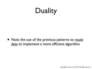 Duality


• Note the use of the previous patterns to route
  data to implement a more efﬁcient algorithm




                                 Copyright Concurrent, Inc. 2011. All rights reserved.
 