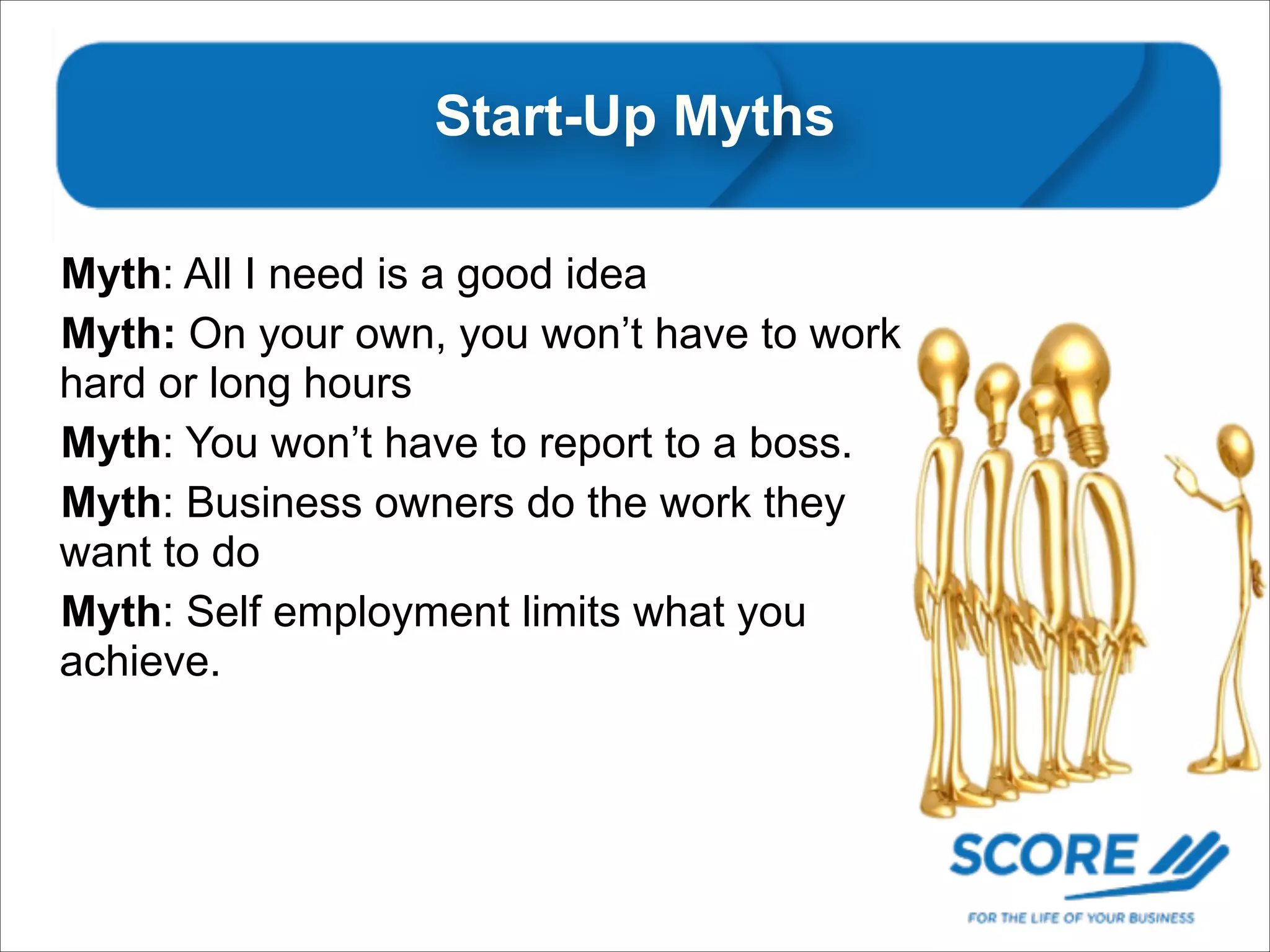 Myth #1

Start-Up Myths

Myth: All I need is a good idea
Myth: On your own, you won’t have to work
hard or long hours
Myth: You won’t have to report to a boss.
Myth: Business owners do the work they
want to do
Myth: Self employment limits what you
achieve.
!
!

 