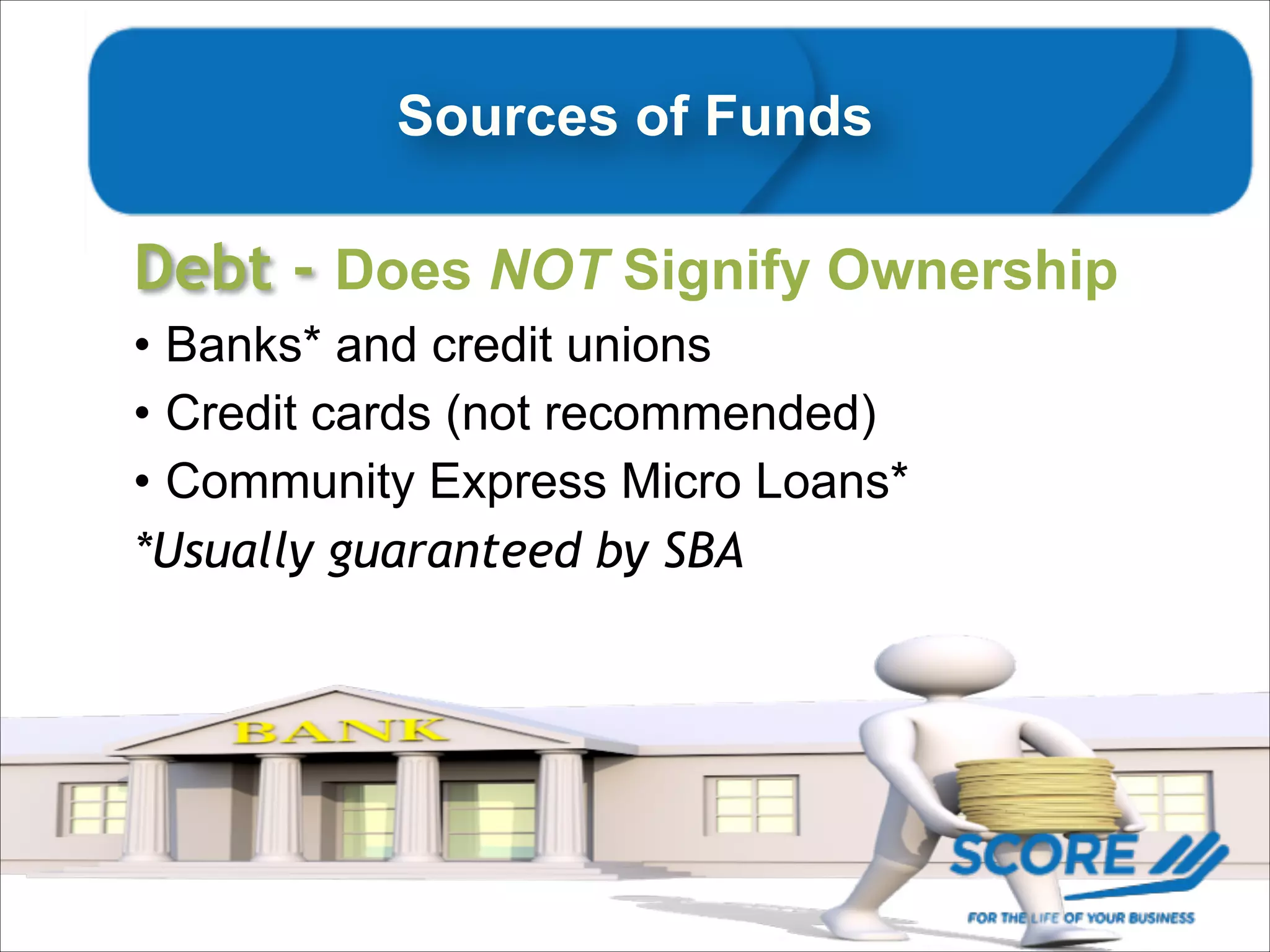 Sources of Funds

Debt - Does NOT Signify Ownership
• Banks* and credit unions
• Credit cards (not recommended)
• Community Express Micro Loans*
*Usually guaranteed by SBA
!
!

 