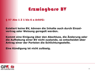 Erzwingbare BV § 97 Abs 1 Z 1 bis 6 a ArbVG: Existiert keine BV, können die Inhalte auch durch Einzel- vertrag oder Weisung geregelt werden. Kommt eine Einigung über den Abschluss, die Änderung oder die Aufhebung einer BV nicht zustande, so entscheidet über Antrag einer der Parteien die Schlichtungsstelle. Eine Kündigung ist nicht zulässig. 