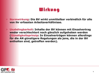 Wirkung Normwirkung : Die BV wirkt unmittelbar verbindlich für alle von ihr erfassten Arbeitsverhältnisse. Unabdingbarkeit : Inhalte der BV können mit Einzelvertrag weder verschlechtert noch gänzlich aufgehoben werden ( Günstigkeitsprinzip : In Einzelverträgen können allerdings für die AN günstigere Regelungen als jene, die in der BV enthalten sind, getroffen werden). 