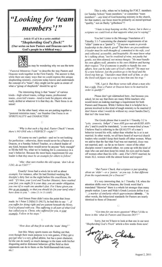 Pastors and Deacons care
De(JtDle in a biblical
describe the way Pastors and
First The answer is
could express this
knows and understands
not be as
be
The mte:resl:mg
does
when we are a
" our Number One Focus on
CHARACTER!
Listen to the Translation
corlcel~mrig the character reCluu'errlents
not marned"
man who can
off women other than his Wllre--ano.
treats ALL with the utmost
ofDeacons!
 