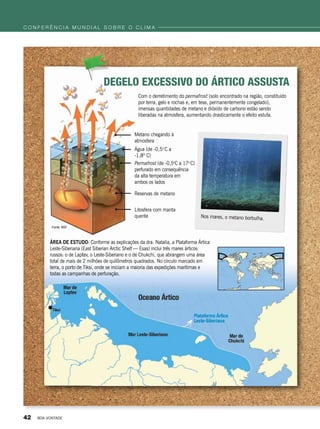 Área de estudo: Conforme as explicações da dra. Natalia, a Plataforma Ártica
Leste-Siberiana (East Siberian Arctic Shelf — Esas) inclui três mares árticos
russos: o de Laptev, o Leste-Siberiano e o de Chukchi, que abrangem uma área
total de mais de 2 milhões de quilômetros quadrados. No círculo marcado em
terra, o porto de Tiksi, onde se iniciam a maioria das expedições marítimas e
todas as campanhas de perfuração.
Com o derretimento do permafrost (solo encontrado na região, constituído
por terra, gelo e rochas e, em tese, permanentemente congelado),
imensas quantidades de metano e dióxido de carbono estão sendo
liberadas na atmosfera, aumentando drasticamente o efeito estufa.
Degelo excessivo do Ártico assusta
Metano chegando à
atmosfera
Água (de -0,5o
C a
-1,8º C)
Permafrost (de -0,5o
C a 17o
C)
perfurado em consequência
da alta temperatura em
ambos os lados
Reservas de metano
Litosfera com manta
quente
Fonte: NSF
c o n f e r ê n c i a m u n d i a l s o b r e o c l i m a
Nos mares, o metano borbulha.
42 BOA VONTADE
 