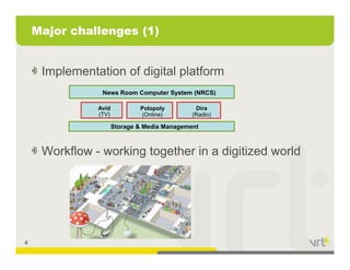 Major challenges (1)


     Implementation of digital platform
                News Room Computer System (NRCS)

               Avid           Polopoly         Dira
               (TV)           (Online)        (Radio)

                      Storage & Media Management



     Workflow - working together in a digitized world




4
 