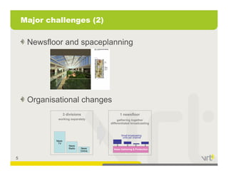 Major challenges (2)

     Newsfloor and spaceplanning




     Organisational changes
                   3 divisions               1 newsfloor
             working separately             g
                                            gathering together
                                                    g g
                                       differentiated broadcasting



                                              Small broadcasting
                                               units per channel
            News
             TV
                      News
                      Radio   News       News Gathering & Production
                              Online


5
 