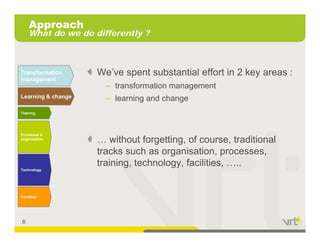 Approach
     What do we do differently ?



Transformation             p                              y
                    We’ve spent substantial effort in 2 key areas :
management
                      – transformation management
Learning & change     – learning and change
Training




Processes &
Organisation
                    … without forgetting of course traditional
                                forgetting, course,
                    tracks such as organisation, processes,
                    training, technology, facilities, …..
Technology




Facilities




6
 
