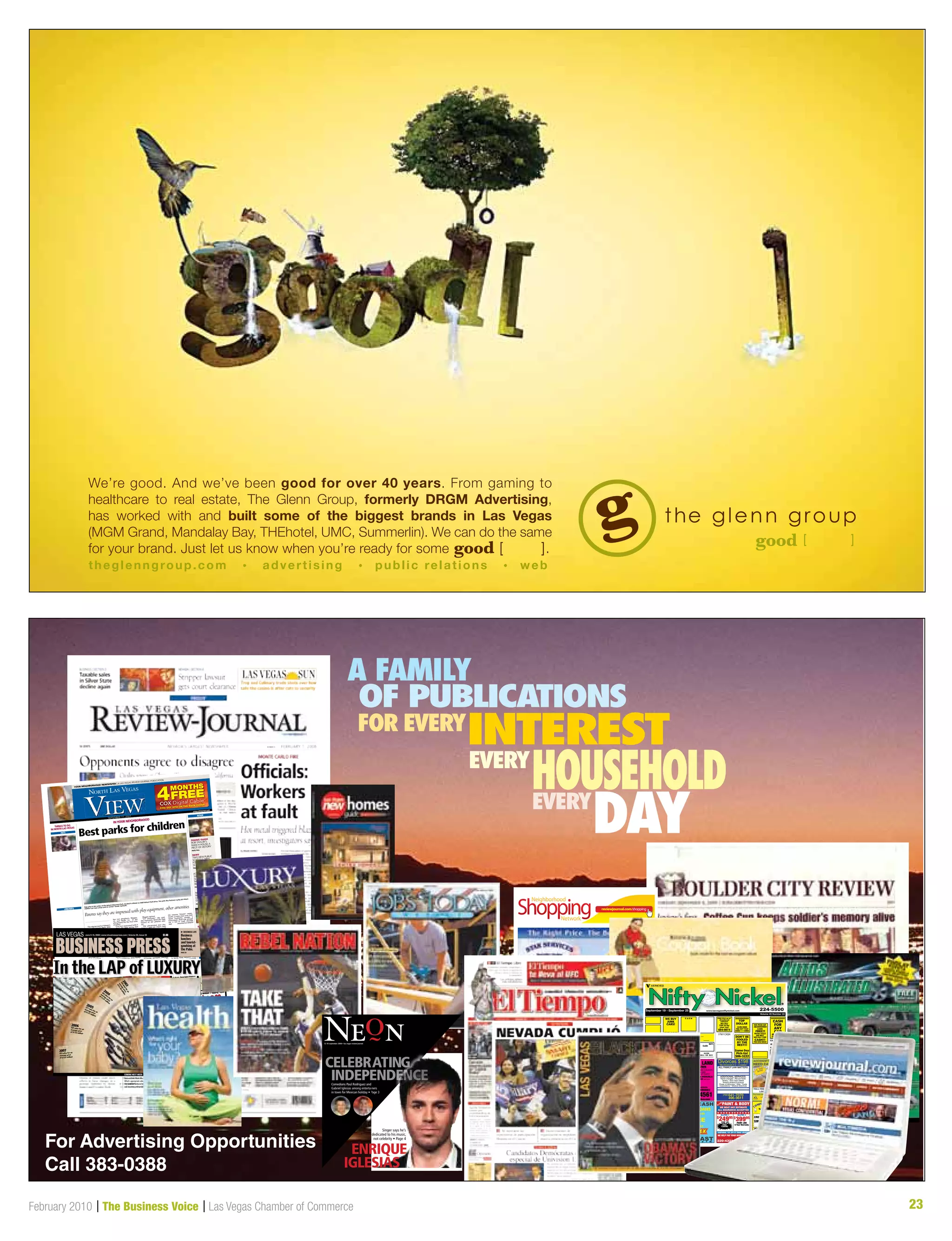 23February 2010 | The Business Voice | Las Vegas Chamber of Commerce
��������������������������
®®
September 19 - September 25
Volume 45 Number 33
www.lasvegasniftynickel.com
GOOD CARE
TRANSMISSION
3540 E. Tropicana Suite #200
531-2400
100% GUARANTEED REPAIRS!
SPECIALIZING IN NEWER MODELS 
ELECTRONIC CONTROL TRANSMISSIONS
OPEN 8-5 M-F • SAT 9-5
ARIZONA LAND
EXPLODING MOHAVE COUNTY,
INVESTORS ARE
SNATCHING IT UP FAST!!
1.25  2.5 ACRE PARCELS
NO CREDIT NEEDED!!!
(702)
631-4561
As Low As $10,000 An Acre
$500 DOWN
www.AZland2buy.com
Financing Available
TOLL FREE 1.866.214.7438
LOCAL 507.4529
Pay back only when you win your case!
ACCIDENT? LAWSUIT?
NEED CASH FAST?
www.xlfunding.biz
G $$$$
BEFORE
Led by former New York City attorney
LUMPSUM
COMFORT DENTAL CARE
Tel: (702) 222-4330
MOST HOTELS  UNIONS
INSURANCE AND MEDICAID ACCEPTED
CROWN
$395.00
50%
-70%
OFF
FREE
GAS
CARDS
$25
ORAL
EXAMS
$17.00
FREEDENTAL★ ★ ★ ★ ★ Exam  X-rays
Crown $473
Root Canal $286
Filling $51
Partial/Denture $693
Extraction $80
“We will BEAT
any
written quote*!”
PAINT  BODY
WE BEAT ANY ESTIMATE
ALL INSURANCE ACCEPTED
220-4321
AL
LP
RO
WE HELP PAY YOUR DEDUCTIBLE.
PAINT JOB
6 Year Warranty
PAINT JOB
ALLPRO 1 ALLPRO 3
$
39995$
24995
FREE
TOWING
253-1791
ADDITIONAL 10% OFF AT CRAIG LOCATION
Divorces $198
“Be Divorced in 2 - 4 weeks”
ALL FAMILY LAW MATTERS
(702) 641-7070
ADDITIONAL SERVICES:
Name Changes * Record Seals
Notary * Quit Claim Deeds
Tenant/Landlord Evictions
Power of Attorneys * Wills * Trusts
Corporations * Medical Directives
496-9611
FAST CASH
TITLE LOANS
1st Month
FREE
Interest
228-FAST(3 2 7 8)
WE BUY
JUNK
CARS!
CASH NOW!
702-589-1899
C A S H FREE Pick up of
abandoned
vehicles!
We Pay
TOP $$ for
your car!
604-8074
$$$$$$$$$$$$
TOP
DOLLAR
$100-$500
702-427-7337
$$$$------$$$$
$$$$$$$$$$$$$$
CASH
FOR
ANY
CAR
400-4403
$$$$$$$$$$$
WE PICK-UP
ABANDONED
CARS
FREE!!!
WITH TITLE
OR NOT
WE PAY TOP
CASH!!!
702-542-6818
I COME TO YOU!
I PAY CASH
Top Dollar
For Cars
DON’T BE
FOOLED
BY THE
REST!!!
Same Day
Pick-Up!
506-3222
CASH FOR CARS
$$ CASH $$ NOW!
CALL .... 457-1900
CAR ACCIDENT?
BUY.
Ca$h
CARS  TRUCKS
AVON
SELL OR BUY
YOUR NEIGHBORHOOD NEWSPAPER | A LAS VEGAS REVIEW-JOURNAL PUBLICATION
NORTH LAS VEGAS
XXXXX, 200X
www.viewnews.com
YOUR NEIGHBORHOOD NEWSPAPER | A LAS VEGAS REVIEW-JOURNAL PUBLICATION
VIEW
NORTH LAS VEGAS
SEPTEMBER 11, 2007
www.viewnews.com
IN YOUR NEIGHBORHOOD
The playground at Aliante’s
Nature Discovery Park, 2600
Nature Park Drive, is rarely
deserted. Lori McLaughlin
could see why. She brought
her two daughters, Maggie,
12, and Sarah, 10, to the
playground for the first time
recently.
“I’m very impressed with it
so far,” she said, noting that
it was clean and there were
plenty of activities.
Maggie agreed.
“It’s awesome,” she said.
She especially liked the high
towers of the palatial play
set.
The playground
also fea-
tures a sand pit where kids
can clear sand away to reveal
the cement “fossils” under-
neath, a water play area with
spray fountains, swings, a
triceratops skull big enough
for a kid to walk through
and pterotactyl-s
haped
Best parks for children
Parents say they are impressed with play equipment, other amenities
At the recent North Las Ve-
gas Chamber of Commerce lun-
cheon, dubbed Directions 2007:
Economic Outlook of North Las
Vegas, Mike Majewski, director
of economic development
for
the city of North Las Vegas, laid
out a bold plan to transform the
city’s downtown.
He predicted that downtown
North Las Vegas would see $1
billion business investment in
the coming years, not counting
government projects. To try to
bring this about, Majewski has
brought together a group of
current investors in downtown,
including Jerry’s Nugget, the
Silver Nugget, North Vista Hos-
pital, Legaspi Co., Area Health
Education Center and the North
Las Vegas Chamber of Com-
merce, to, among other things,
select a consulting firm to help
shape development
in the area.
This firm would not only
help with practical issues,
such as zoning and wooing the
right investors, but also with
“branding” the area — that is,
developing an identity for the
downtown area that will attract
visitors and businesses, alike.
Majewski envisions choosing
signs and a color scheme for
the entire area and guidelines
for the materials used in con-
struction and landscaping
to
present a visually unified front.
Right now, the favorite for the
job is MIG, a real estate and
development
consulting firm
based in California.
As far as their interests in
the downtown area go, Jerry’s
Nugget and the Silver Nugget
are both looking to expand, as
is North Vista Hospital. Area
Health Education is a nonprofit
lookingtolocateitsofficespace
downtown. Legaspi is working
Businesses envision downtown North Las Vegas
Chamber of Commerce meets to discuss possible future renovations
THINGS TO DO
IN NORTH LAS VEGAS
ARTS
LIBRARIES
DINING GUIDE
BOB TAYLOR’S
RANCH HOUSE A
PIECE OF HISTORY
PAGE 8AA
NEWS
TWO NEW PUBLIC
SCHOOLS OPEN
FOR 2007-08
SCHOOL YEAR
PAGE 2AA
FORMER PRINCIPAL
TAKES HELM OF
SCHOOL DISTRICT’S
NORTHWEST
REGION
PAGE 12AA
NORTHWEST
RESIDENTS
OPPOSE NEW
DEVELOPMENT
PAGE 13AA
ENTERTAINMENT
DOWNTOWN
CELEBRATES
COMPLETION OF
STREETSCAPING
PROJECT
PAGE 6AA
INSIDE
DEBORAH WALL:
Fletcher
Canyon
good for
kids and
adults
Kids play in the water at the Nature Discovery Park, located in Aliante at 2600 Nature Park Drive. The park also features a play pit where
children can clear away sand to reveal “fossils’ beneath.
MONTHS
FREE4FIND OUT HOW ON THE BACK COVER
Add an order of
Cheesesticks
for
$
400
Limited delivery areas. Drivers carry less than $20. DELIVERY CHARGES MAY APPLY.
EASTERN  ANTHEM
SERVING ANTHEM
AND SEVEN HILLS
734-PAPA (7272)
FARM  DURANGO
399-PAPA (7272)
SUNSET  PECOS
433-6262
NELLIS  STEWART
434-5252
BUFFALO  ALTA
254-PAPA (7272)
I-215  VALLE VERDE
260-PAPA (7272)
I-215  EASTERN
361-PAPA (7272)
CRAIG  DECATUR
639-6262
TROPICANA  DECATUR
385-PAPA (7272)
JONES  VEGAS
638-PAPA (7272)
W. TROPICANA  FT. APACHE
733-PAPA (7272)
W. CHARLESTON  HUALAPAI
647-PAPA (7272)
E. DESERT INN  CAMBRIDGE
938-PAPA (7272)
1 Large 1-Topping Pizza
2 20 oz. Coca-Cola Products
$
1099
2 Medium 1-Topping Pizzas
$
1299
1 Large 1-Topping Pizza
$
1199
1 X-Large 1-Topping Pizza
$
999
$
2099
BackPack Special
1 Large 2-Topping Pizza
1 Two-Liter Coca-Cola Product
1 Order of Breadsticks
1 SweetTreat
$
1799
Add
a Medium Spec
ialty
Pizza for just
CAMINO AL NORTE/ANN
396-PAPA (7272)
HORIZON  COLLEGE
568-6262
Add 1 Order of Wings
$ 500For
Just
more!
$499 More!
BUSINESS PRESS
$1.00LAS VEGAS June 9-15, 2008 | www.lvbusinesspress.com | Volume 25, Issue 23
In the LAP of LUXURY
Summertime Work Wear:
What’s appropriate when
the weather turns so hot a
suit becomes unbearable?
NEWS ▶
Vegas Grand up for sale l PAGE 5
THE LIST
Pharmacies, group health l PAGE 26
▶ BUSINESS LIFE
Business
lunches
and tourist-
gawking at
the Palm.
PAGE 20
COMING NEXT WEEK THIS WEEK’S HIGHLIGHTS
2003
15
8sa
lesfo
ran
av
erag
epr
ice
of
$1
.49million
200440
2 sa
les fo
r an
av
er
ag
e pr
ice
of
$1
.51 million
2005571
sales for
an
ave
rag
e price
of $1.57 millio
n
2006
541 sales for anaverage
price
of $1.52 million
2007
413 sales for an
average price
of $1.87 million
CELEBRA
Comedians Paul Rodriguez and
Gabriel Iglesias among entertainers
in town for Mexican holiday • Page 3
Ne
õ
n
ENRIQUE
12-18 september 2008 • las vegas review-journal
IGLESIAS
INDEPENDENCE
For Advertising Opportunities
Call 383-0388
FOR EVERY
A FAMILY
OF PUBLICATIONS
INTEREST
EVERY
HOUSEHOLDEVERY
DAY
We’re good. And we’ve been good for over 40 years. From gaming to
healthcare to real estate, The Glenn Group, formerly DRGM Advertising,
has worked with and built some of the biggest brands in Las Vegas
(MGM Grand, Mandalay Bay, THEhotel, UMC, Summerlin). We can do the same
for your brand. Just let us know when you’re ready for some .
theglenngroup.com • advertising • public relations • web
 