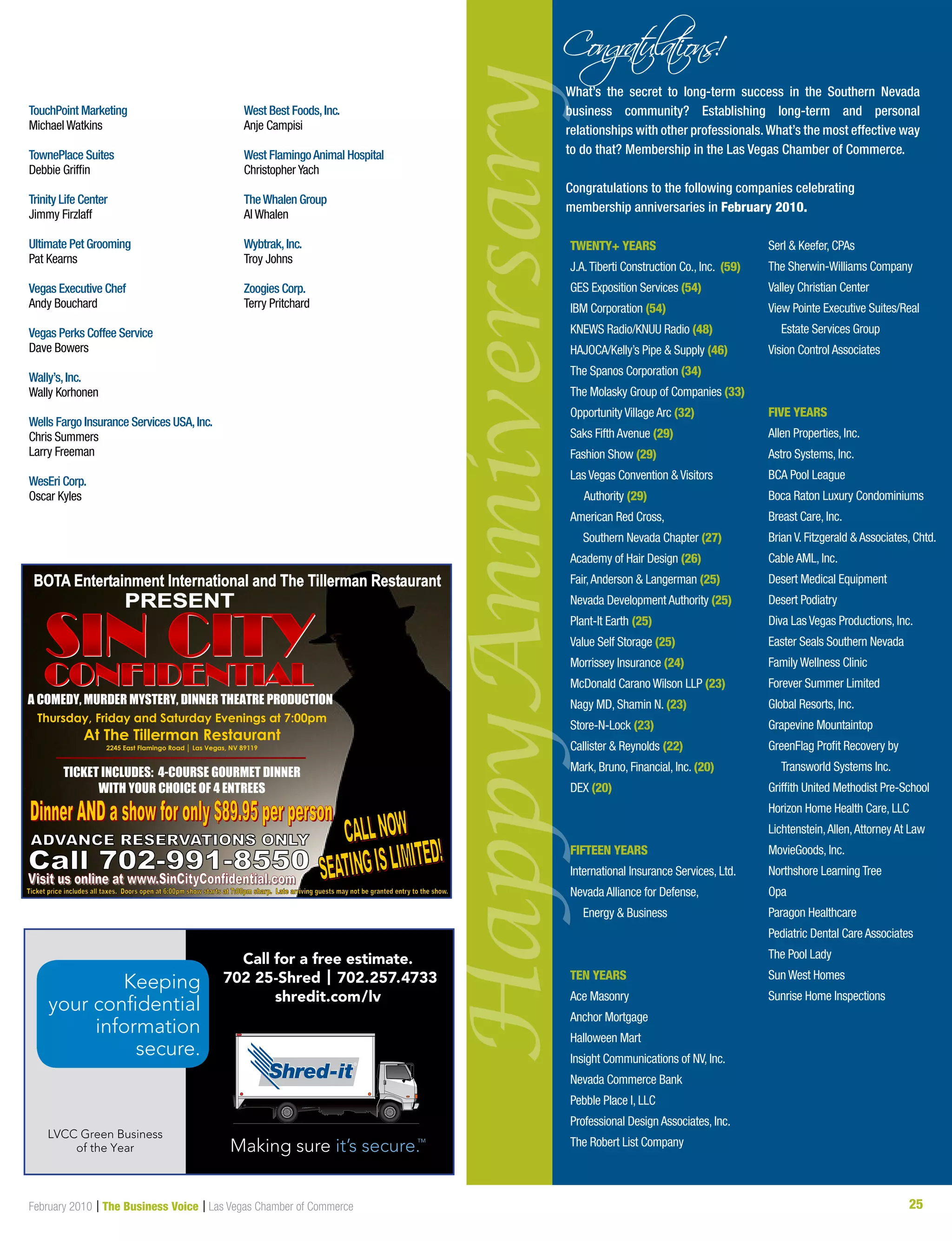 25February 2010 | The Business Voice | Las Vegas Chamber of Commerce
What’s the secret to long-term success in the Southern Nevada
business community? Establishing long-term and personal
relationships with other professionals.What’s the most effective way
to do that? Membership in the Las Vegas Chamber of Commerce.
Congratulations to the following companies celebrating
membership anniversaries in February 2010.
HappyAnniversary
TWENTY+ YEARS
J.A.Tiberti Construction Co., Inc. (59)
GES Exposition Services (54)
IBM Corporation (54)
KNEWS Radio/KNUU Radio (48)
HAJOCA/Kelly’s Pipe  Supply (46)
The Spanos Corporation (34)
The Molasky Group of Companies (33)
Opportunity Village Arc (32)
Saks Fifth Avenue (29)
Fashion Show (29)
Las Vegas Convention  Visitors 		
Authority (29)
American Red Cross,
	 Southern Nevada Chapter (27)
Academy of Hair Design (26)
Fair,Anderson  Langerman (25)
Nevada Development Authority (25)
Plant-It Earth (25)
Value Self Storage (25)
Morrissey Insurance (24)
McDonald Carano Wilson LLP (23)
Nagy MD, Shamin N. (23)
Store-N-Lock (23)
Callister  Reynolds (22)
Mark, Bruno, Financial, Inc. (20)
DEX (20)
FIFTEEN YEARS
International Insurance Services, Ltd.
Nevada Alliance for Defense,
	 Energy  Business
TEN YEARS
Ace Masonry
Anchor Mortgage
Halloween Mart
Insight Communications of NV, Inc.
Nevada Commerce Bank
Pebble Place I, LLC
Professional Design Associates, Inc.
The Robert List Company
Serl  Keefer, CPAs
The Sherwin-Williams Company
Valley Christian Center
View Pointe Executive Suites/Real 	 	
	 Estate Services Group
Vision Control Associates
FIVE YEARS
Allen Properties, Inc.
Astro Systems, Inc.
BCA Pool League
Boca Raton Luxury Condominiums
Breast Care, Inc.
Brian V. Fitzgerald  Associates, Chtd.
Cable AML, Inc.
Desert Medical Equipment
Desert Podiatry
Diva Las Vegas Productions, Inc.
Easter Seals Southern Nevada
Family Wellness Clinic
Forever Summer Limited
Global Resorts, Inc.
Grapevine Mountaintop
GreenFlag Profit Recovery by
	 Transworld Systems Inc.
Griffith United Methodist Pre-School
Horizon Home Health Care, LLC
Lichtenstein,Allen,Attorney At Law
MovieGoods, Inc.
Northshore Learning Tree
Opa
Paragon Healthcare
Pediatric Dental Care Associates
The Pool Lady
Sun West Homes
Sunrise Home Inspections
TouchPoint Marketing
Michael Watkins
TownePlace Suites
Debbie Griffin
Trinity Life Center
Jimmy Firzlaff
Ultimate Pet Grooming
Pat Kearns
Vegas Executive Chef
Andy Bouchard
Vegas Perks Coffee Service
Dave Bowers
Wally’s,Inc.
Wally Korhonen
Wells Fargo Insurance Services USA,Inc.
Chris Summers
Larry Freeman
WesEri Corp.
Oscar Kyles
West Best Foods,Inc.
Anje Campisi
West FlamingoAnimal Hospital
Christopher Yach
TheWhalen Group
Al Whalen
Wybtrak,Inc.
Troy Johns
Zoogies Corp.
Terry Pritchard
Keeping
your confidential
information
secure.
LVCC Green Business
of the Year
Call for a free estimate.
702 25-Shred | 702.257.4733
shredit.com/lv







 