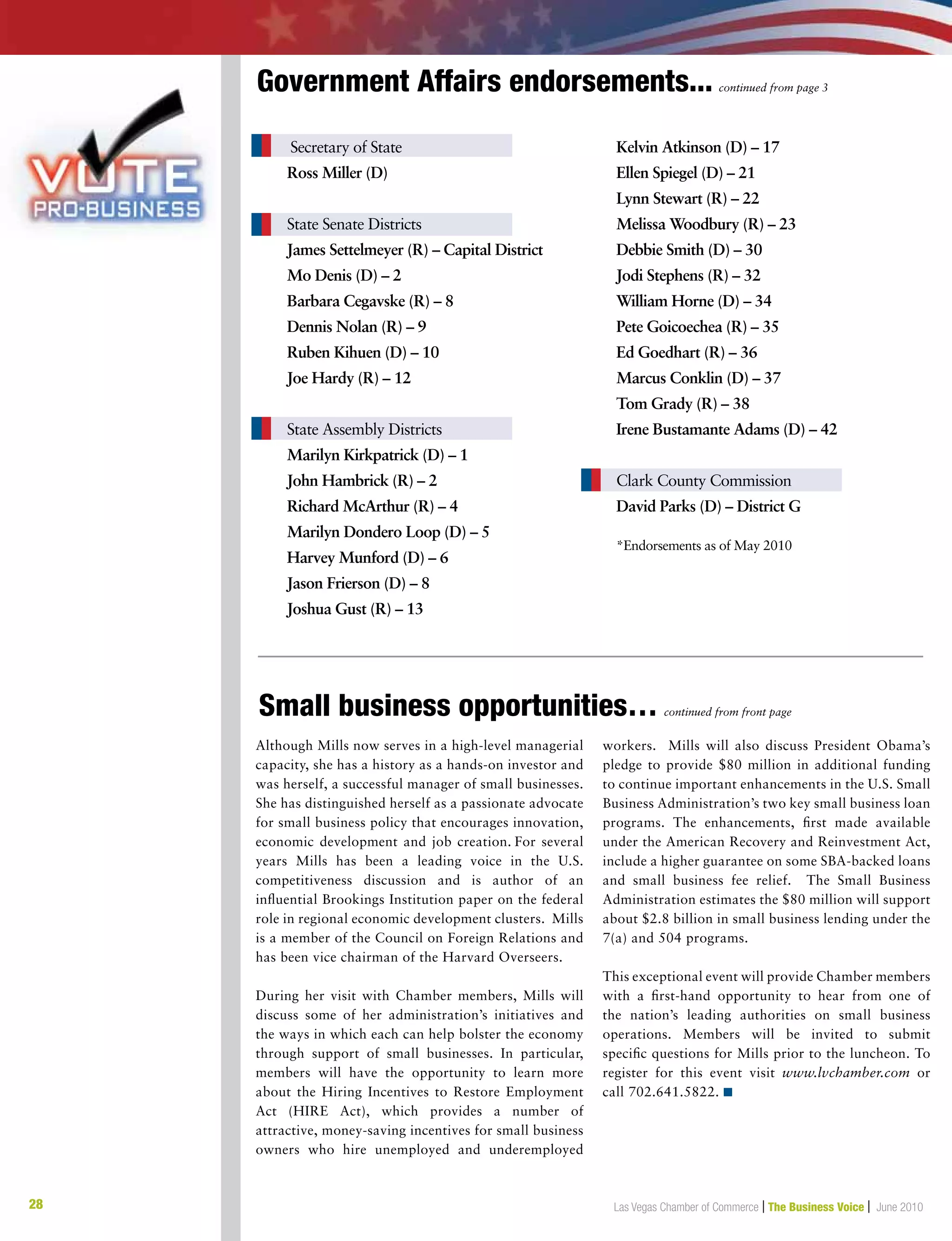 28 Las Vegas Chamber of Commerce | The Business Voice | June 201028
 Secretary of State
Ross Miller (D)
 
State Senate Districts
James Settelmeyer (R) – Capital District
Mo Denis (D) – 2
Barbara Cegavske (R) – 8
Dennis Nolan (R) – 9
Ruben Kihuen (D) – 10
Joe Hardy (R) – 12
 
State Assembly Districts
Marilyn Kirkpatrick (D) – 1
John Hambrick (R) – 2
Richard McArthur (R) – 4
Marilyn Dondero Loop (D) – 5
Harvey Munford (D) – 6
Jason Frierson (D) – 8
Joshua Gust (R) – 13
Kelvin Atkinson (D) – 17
Ellen Spiegel (D) – 21
Lynn Stewart (R) – 22
Melissa Woodbury (R) – 23
Debbie Smith (D) – 30
Jodi Stephens (R) – 32
William Horne (D) – 34
Pete Goicoechea (R) – 35
Ed Goedhart (R) – 36
Marcus Conklin (D) – 37
Tom Grady (R) – 38
Irene Bustamante Adams (D) – 42
 
Clark County Commission
David Parks (D) – District G
 
*Endorsements as of May 2010
Government Affairs endorsements... continued from page 3
Small business opportunities… continued from front page
Although Mills now serves in a high-level managerial
capacity, she has a history as a hands-on investor and
was herself, a successful manager of small businesses.
She has distinguished herself as a passionate advocate
for small business policy that encourages innovation,
economic development and job creation. For several
years Mills has been a leading voice in the U.S.
competitiveness discussion and is author of an
influential Brookings Institution paper on the federal
role in regional economic development clusters. Mills
is a member of the Council on Foreign Relations and
has been vice chairman of the Harvard Overseers.
During her visit with Chamber members, Mills will
discuss some of her administration’s initiatives and
the ways in which each can help bolster the economy
through support of small businesses. In particular,
members will have the opportunity to learn more
about the Hiring Incentives to Restore Employment
Act (HIRE Act), which provides a number of
attractive, money-saving incentives for small business
owners who hire unemployed and underemployed
workers. Mills will also discuss President Obama’s
pledge to provide $80 million in additional funding
to continue important enhancements in the U.S. Small
Business Administration’s two key small business loan
programs. The enhancements, first made available
under the American Recovery and Reinvestment Act,
include a higher guarantee on some SBA-backed loans
and small business fee relief. The Small Business
Administration estimates the $80 million will support
about $2.8 billion in small business lending under the
7(a) and 504 programs.
This exceptional event will provide Chamber members
with a first-hand opportunity to hear from one of
the nation’s leading authorities on small business
operations. Members will be invited to submit
specific questions for Mills prior to the luncheon. To
register for this event visit www.lvchamber.com or
call 702.641.5822. n
 