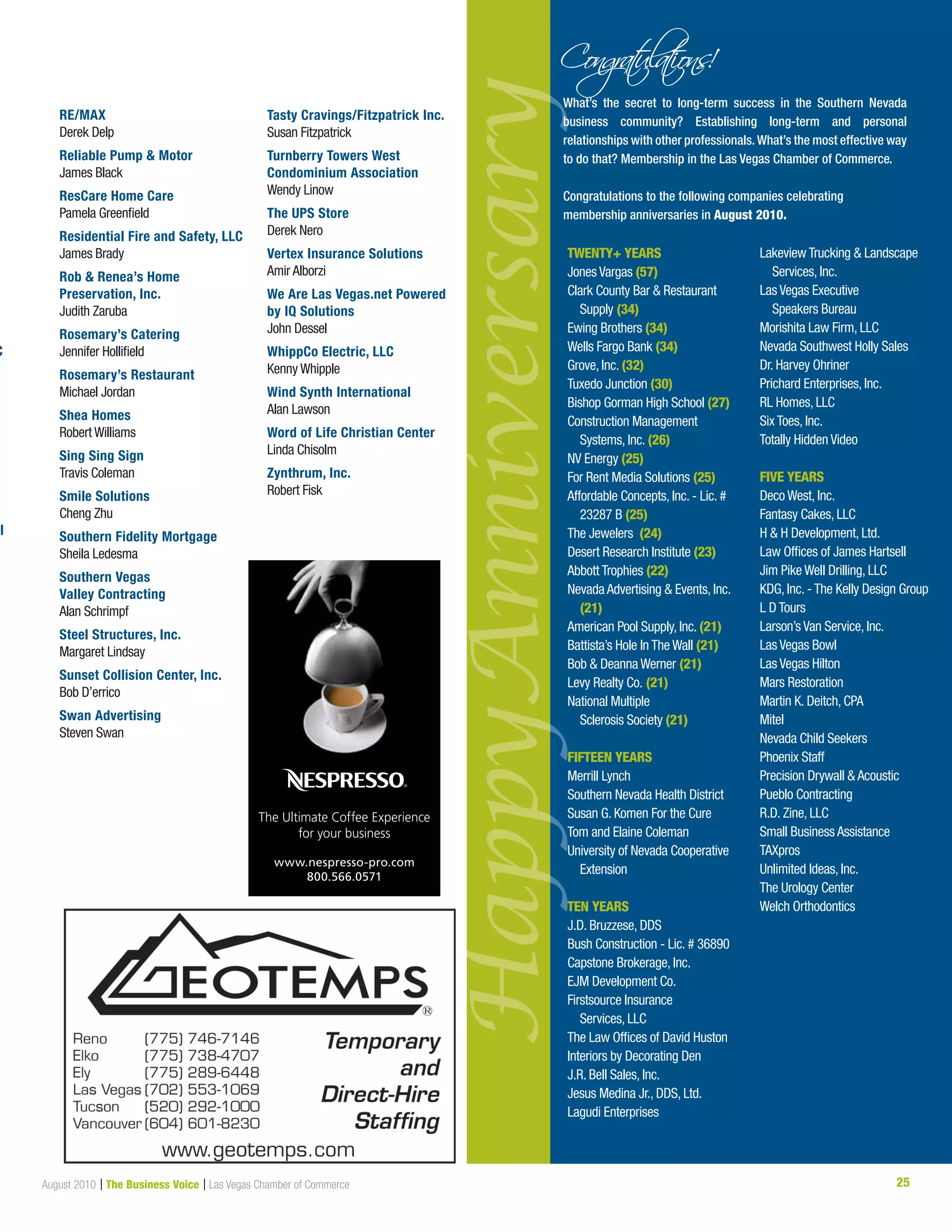 25August 2010 | The Business Voice | Las Vegas Chamber of Commerce
What’s the secret to long-term success in the Southern Nevada
business community? Establishing long-term and personal
relationships with other professionals.What’s the most effective way
to do that? Membership in the Las Vegas Chamber of Commerce.
Congratulations to the following companies celebrating
membership anniversaries in August 2010.
HappyAnniversary
TWENTY+ YEARS
Jones Vargas (57)
Clark County Bar  Restaurant
Supply (34)
Ewing Brothers (34)
Wells Fargo Bank (34)
Grove, Inc. (32)
Tuxedo Junction (30)
Bishop Gorman High School (27)
Construction Management
Systems, Inc. (26)
NV Energy (25)
For Rent Media Solutions (25)
Affordable Concepts, Inc. - Lic. #
23287 B (25)
The Jewelers (24)
Desert Research Institute (23)
Abbott Trophies (22)
Nevada Advertising  Events, Inc.
(21)
American Pool Supply, Inc. (21)
Battista’s Hole In The Wall (21)
Bob  Deanna Werner (21)
Levy Realty Co. (21)
National Multiple
Sclerosis Society (21)
FIFTEEN YEARS
Merrill Lynch
Southern Nevada Health District
Susan G. Komen For the Cure
Tom and Elaine Coleman
University of Nevada Cooperative
Extension
TEN YEARS
J.D. Bruzzese, DDS
Bush Construction - Lic. # 36890
Capstone Brokerage, Inc.
EJM Development Co.
Firstsource Insurance
Services, LLC
The Law Offices of David Huston
Interiors by Decorating Den
J.R. Bell Sales, Inc.
Jesus Medina Jr., DDS, Ltd.
Lagudi Enterprises
Lakeview Trucking  Landscape
Services, Inc.
Las Vegas Executive
Speakers Bureau
Morishita Law Firm, LLC
Nevada Southwest Holly Sales
Dr. Harvey Ohriner
Prichard Enterprises, Inc.
RL Homes, LLC
Six Toes, Inc.
Totally Hidden Video
FIVE YEARS
Deco West, Inc.
Fantasy Cakes, LLC
H  H Development, Ltd.
Law Offices of James Hartsell
Jim Pike Well Drilling, LLC
KDG, Inc. - The Kelly Design Group
L D Tours
Larson’s Van Service, Inc.
Las Vegas Bowl
Las Vegas Hilton
Mars Restoration
Martin K. Deitch, CPA
Mitel
Nevada Child Seekers
Phoenix Staff
Precision Drywall  Acoustic
Pueblo Contracting
R.D. Zine, LLC
Small Business Assistance
TAXpros
Unlimited Ideas, Inc.
The Urology Center
Welch Orthodontics
C
l
RE/MAX
Derek Delp
Reliable Pump  Motor
James Black
ResCare Home Care
Pamela Greenfield
Residential Fire and Safety, LLC
James Brady
Rob  Renea’s Home
Preservation, Inc.
Judith Zaruba
Rosemary’s Catering
Jennifer Hollifield
Rosemary’s Restaurant
Michael Jordan
Shea Homes
Robert Williams
Sing Sing Sign
Travis Coleman
Smile Solutions
Cheng Zhu
Southern Fidelity Mortgage
Sheila Ledesma
Southern Vegas
Valley Contracting
Alan Schrimpf
Steel Structures, Inc.
Margaret Lindsay
Sunset Collision Center, Inc.
Bob D’errico
Swan Advertising
Steven Swan
Tasty Cravings/Fitzpatrick Inc.
Susan Fitzpatrick
Turnberry Towers West
Condominium Association
Wendy Linow
The UPS Store
Derek Nero
Vertex Insurance Solutions
Amir Alborzi
We Are Las Vegas.net Powered
by IQ Solutions
John Dessel
WhippCo Electric, LLC
Kenny Whipple
Wind Synth International
Alan Lawson
Word of Life Christian Center
Linda Chisolm
Zynthrum, Inc.
Robert Fisk
www.nespresso-pro.com
800.566.0571
The Ultimate Coffee Experience
for your business
 