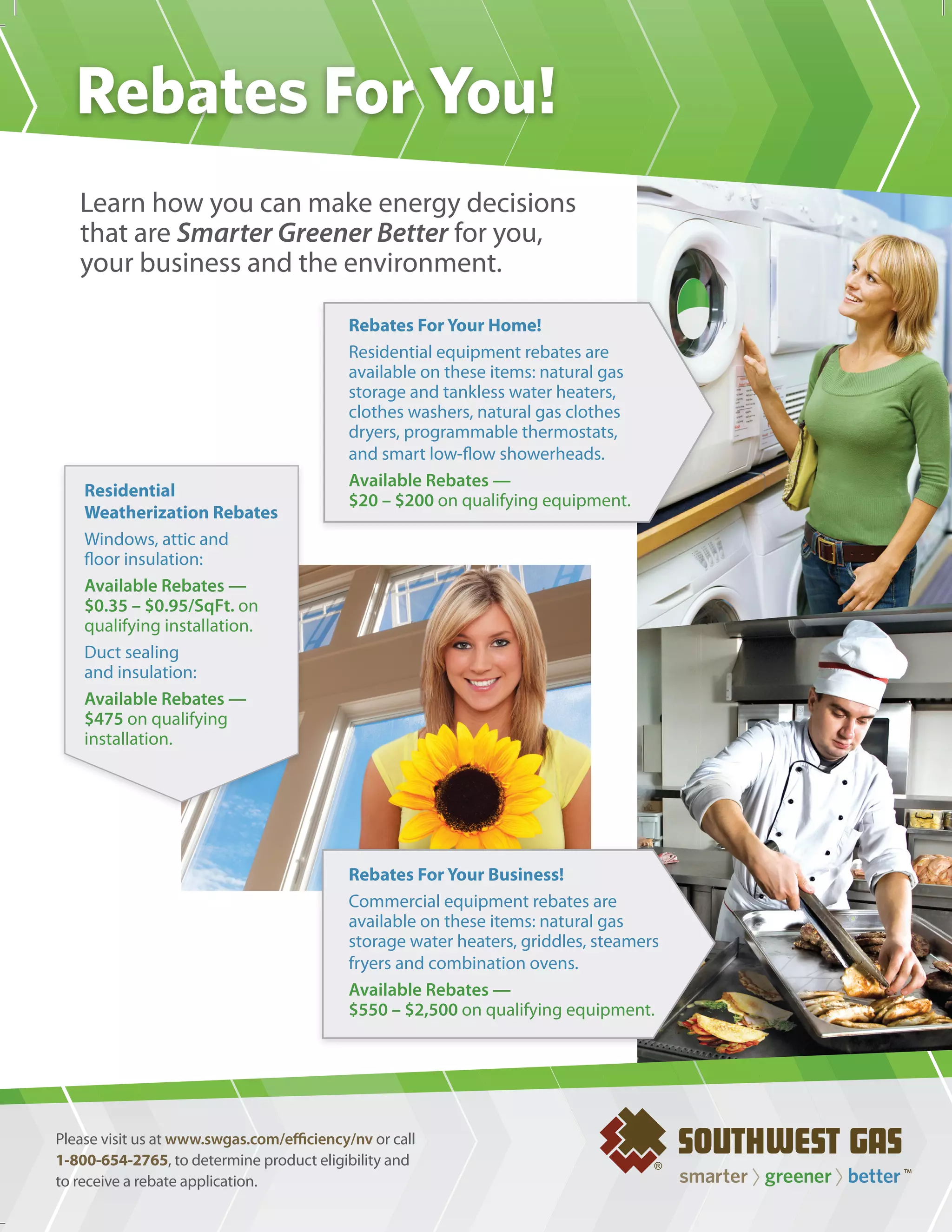 Rebates For Your Home!
Residential equipment rebates are
available on these items: natural gas
storage and tankless water heaters,
clothes washers, natural gas clothes
dryers, programmable thermostats,
and smart low-flow showerheads.
Available Rebates —
$20 – $200 on qualifying equipment.
Rebates For You!
Please visit us at www.swgas.com/efficiency/nv or call
1-800-654-2765, to determine product eligibility and
to receive a rebate application.
Residential
Weatherization Rebates
Windows, attic and
floor insulation:
Available Rebates —
$0.35 – $0.95/SqFt. on
qualifying installation.
Duct sealing
and insulation:
Available Rebates —
$475 on qualifying
installation.
Learn how you can make energy decisions
that are Smarter Greener Better for you,
your business and the environment.
Rebates For Your Business!
Commercial equipment rebates are
available on these items: natural gas
storage water heaters, griddles, steamers
fryers and combination ovens.
Available Rebates —
$550 – $2,500 on qualifying equipment.
 