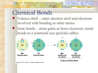 Chemical Bonds
 Valence shell – outer electron shell and electrons
involved with bonding to other atoms.
 Ionic bonds – atom gains or loses electrons; metal
bonds to a nonmetal (see periodic table)
 